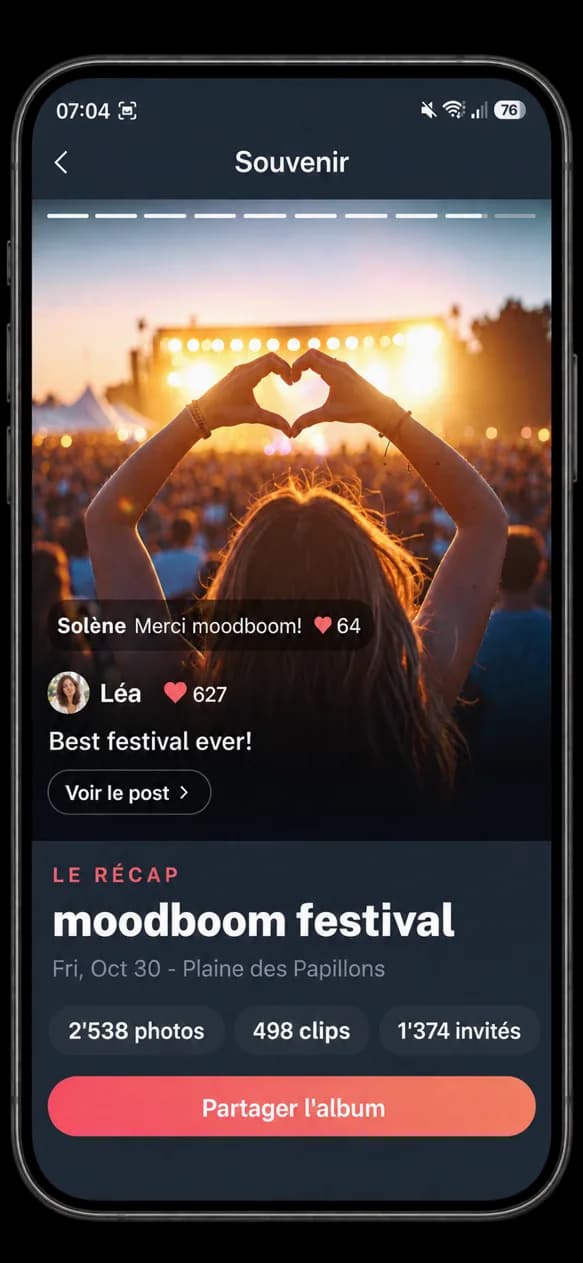 Écran du Souvenir avec le récapitulatif de l'événement
