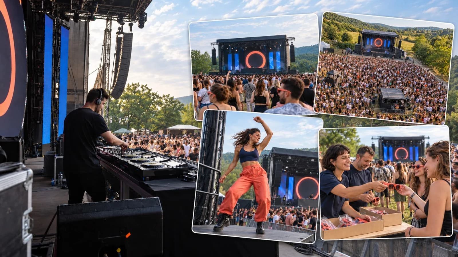 Plusieurs moments d’un festival : la scène, le public, la danse et la distribution de lunettes moodboom